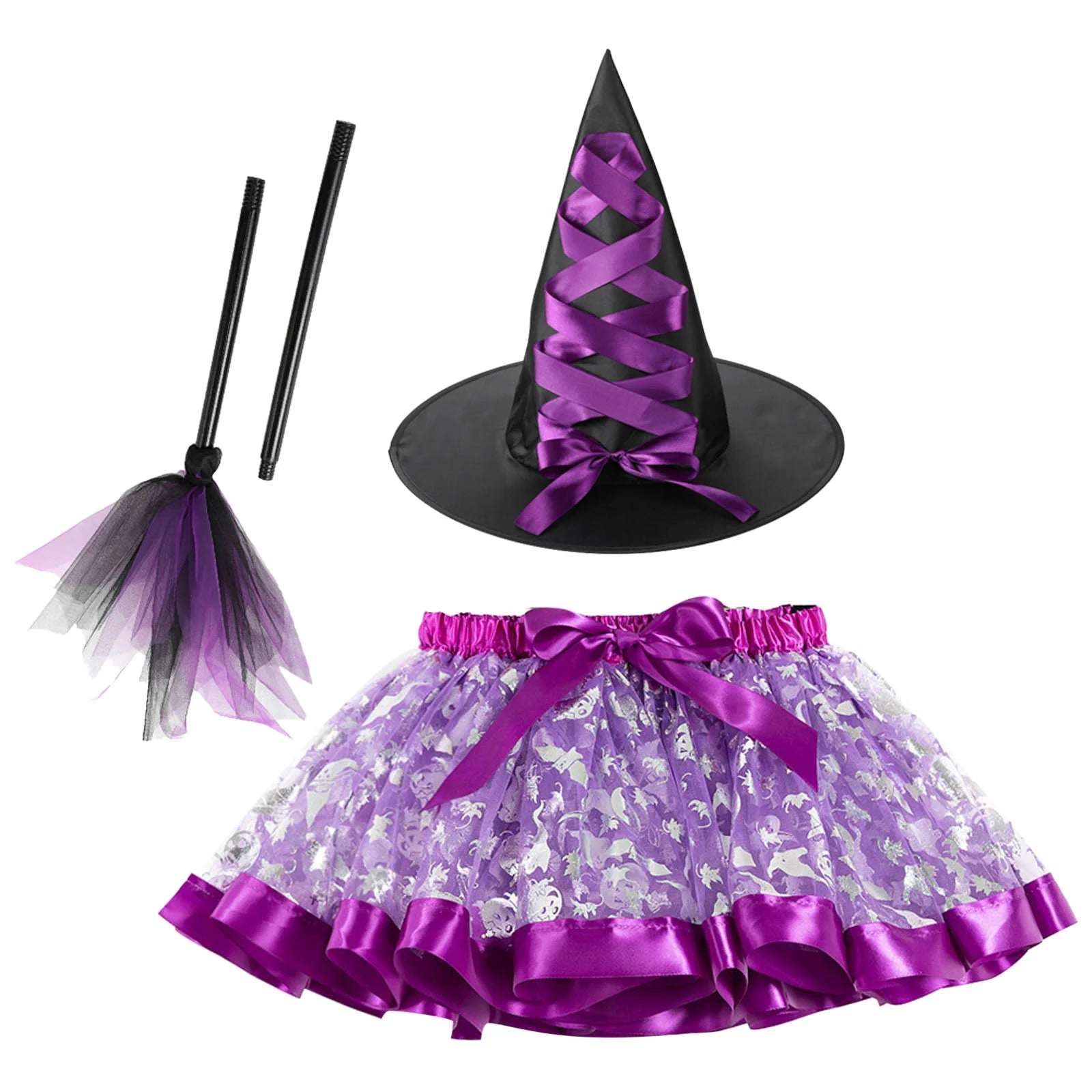 Halloween Baby Clothes Halloween 2024 Wizard Hat Adult Carnival Halloween Children  Tutu Broom Three-Piece Set  Headband Purple M